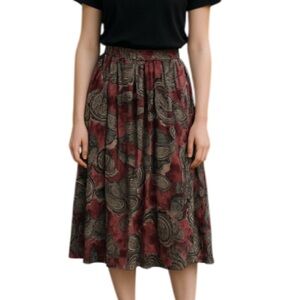 VINTAGE 80s Paisley Floral Print Midi Skirt Hunter Green Dusty Rose Rayon L
